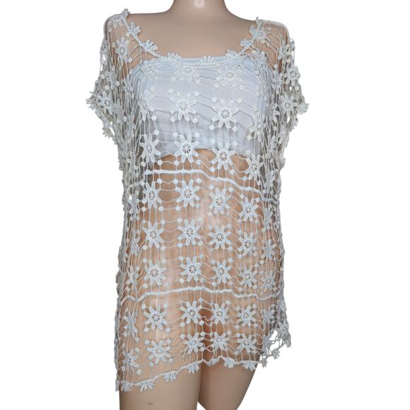 Sheer Open Crochet Lace Tunic Top Large Boho Festival Beach Cover Up Vacation - Picture 1 of 5